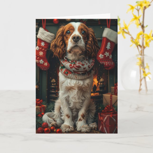 Springer Spaniel Dog With Christmas Gift Fireplace Card (Yellow Flower)