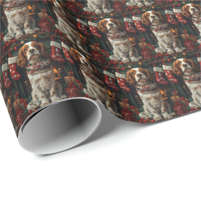 Springer Spaniel Dog With Christmas Gift Fireplace Wrapping Paper (Roll Corner)