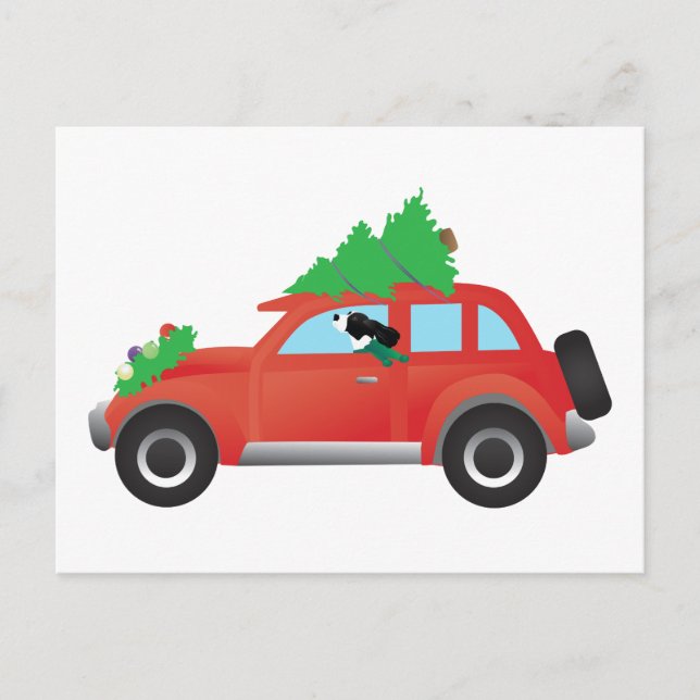 Springer Spaniel driving car with Christmas tree Holiday Postcard (Front)