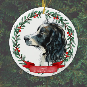 Springer Spaniel First Christmas Watercolor Wreath Ceramic Ornament