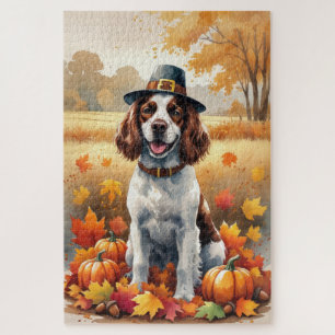 Springer Spaniel In Autumn Leaves Thanksgiving Art Jigsaw Puzzle