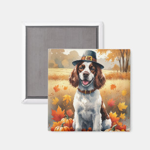 Springer Spaniel In Autumn Leaves Thanksgiving Art Magnet