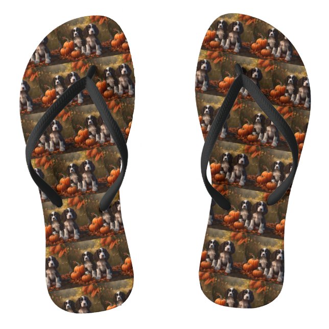 Springer Spaniel Puppy Autumn Delight Pumpkin  Flip Flops (Footbed)