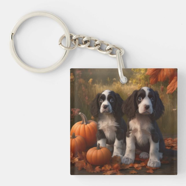 Springer Spaniel Puppy Autumn Delight Pumpkin  Keychain (Front)