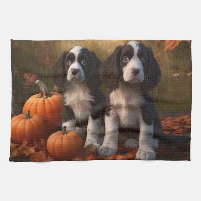 Springer Spaniel Puppy Autumn Delight Pumpkin  Kitchen Towel (Horizontal)