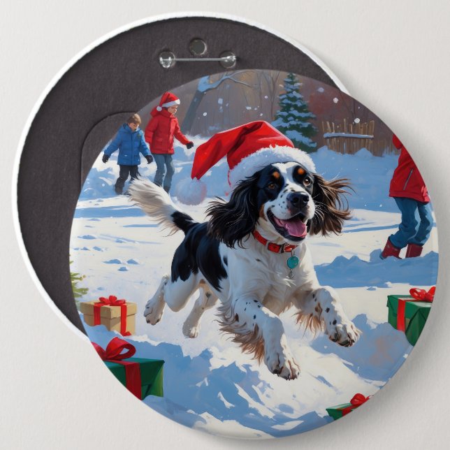 Springer Spaniel Running Snow with Christmas Hat 6 Inch Round Button (Front & Back)