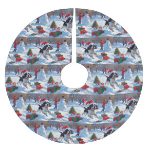 Springer Spaniel Running Snow with Christmas Hat Brushed Polyester Tree Skirt
