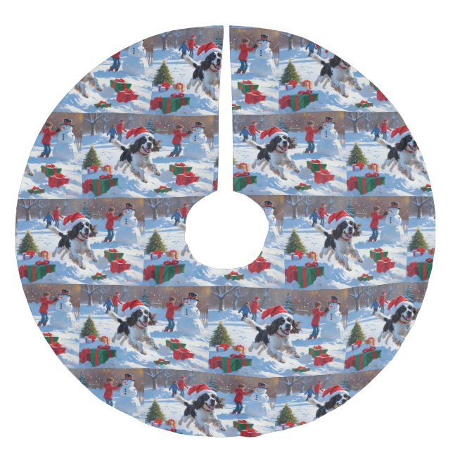 Springer Spaniel Running Snow with Christmas Hat Brushed Polyester Tree Skirt (Front)