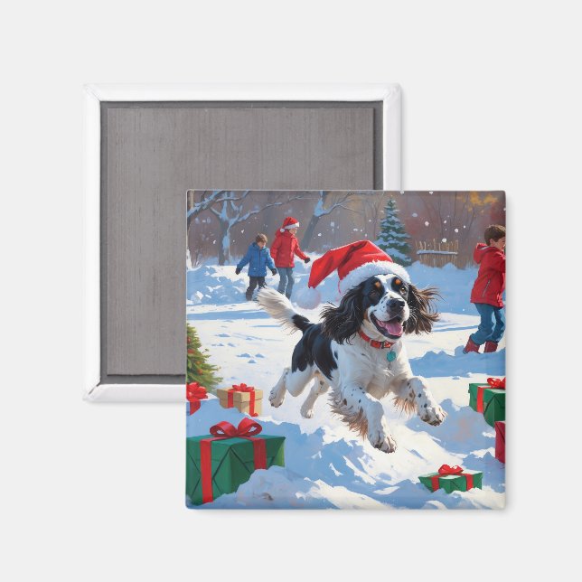 Springer Spaniel Running Snow with Christmas Hat Magnet (Front/Back)
