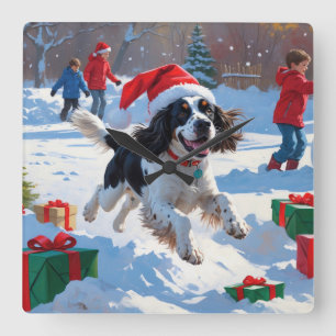 Springer Spaniel Running Snow with Christmas Hat Square Wall Clock
