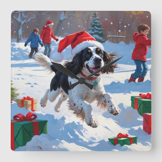Springer Spaniel Running Snow with Christmas Hat Square Wall Clock (Front)