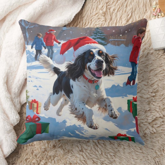 Springer Spaniel Running Snow with Christmas Hat Throw Pillow (Blanket)