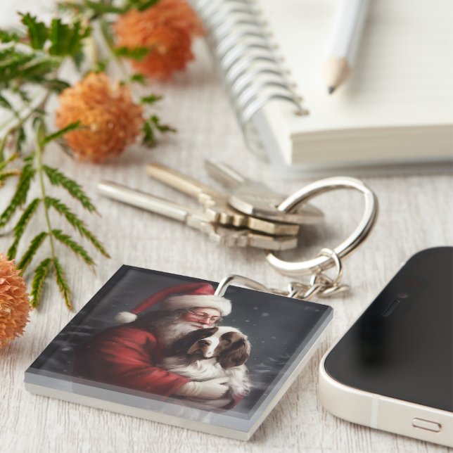 Springer Spaniel Santa Claus Festive Christmas Keychain (Front Right)