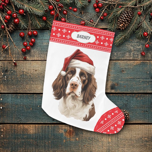 Springer Spaniel Santa Hat Snowflake Border Large Christmas Stocking (Creator Uploaded)