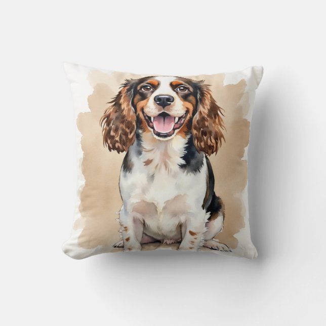 Springer Spaniel Watercolor Paint Drip Art Throw Pillow (Front)