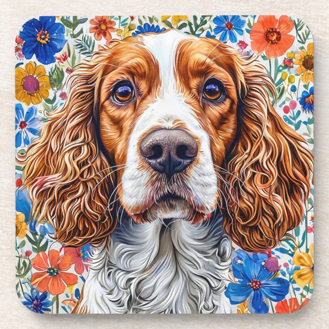 Springer Spaniel With Colourful Floral Background Coaster (Front)