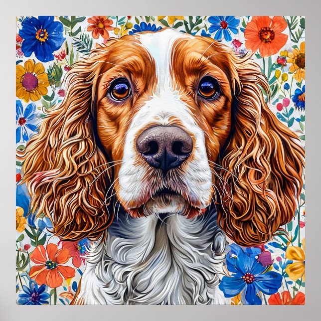 Springer Spaniel With Colourful Floral Background Poster (Front)