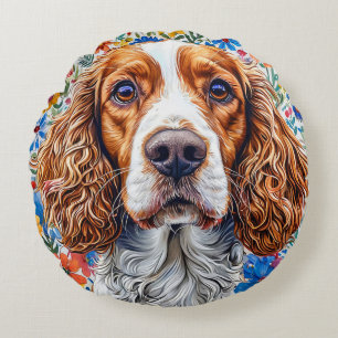 Springer Spaniel With Colourful Floral Background Round Pillow