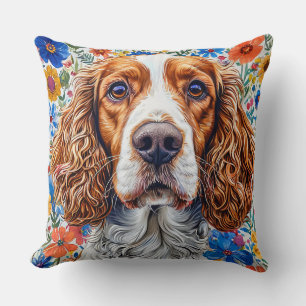 Springer Spaniel With Colourful Floral Background Throw Pillow