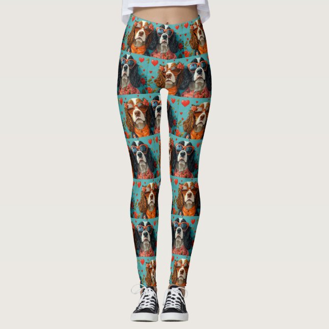 Springer Spaniel with Heart Roses Valentine's Day Leggings (Front)
