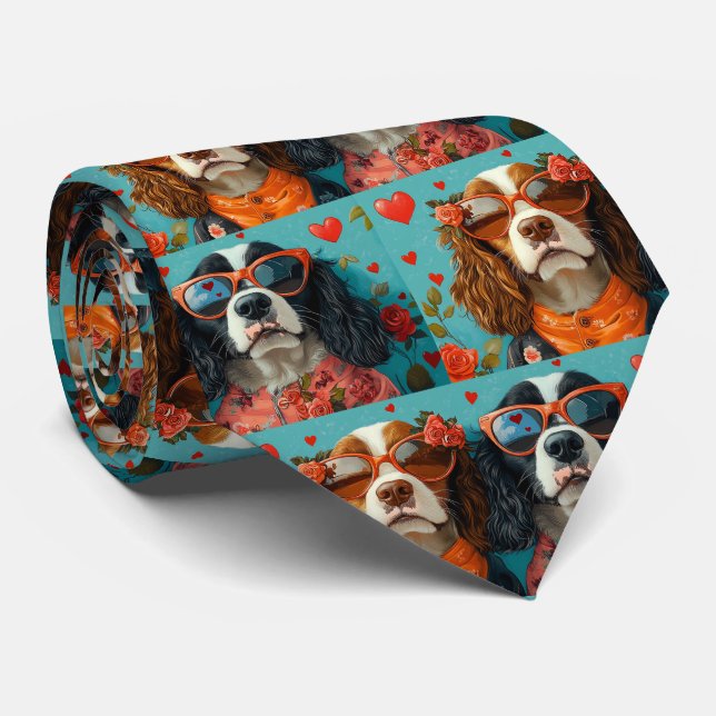 Springer Spaniel with Heart Roses Valentine's Day Tie (Rolled)