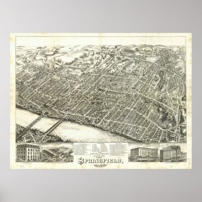 Springfield Mass. 1875 Antique Panoramic Map Poster (Front)