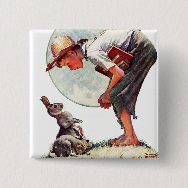 Springtime, 1935 boy with bunny 2 inch square button (Front)