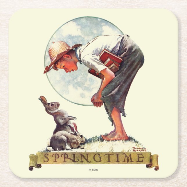 Springtime, 1935 boy with bunny square paper coaster (Front)
