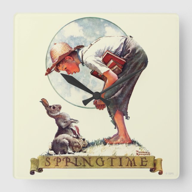 Springtime, 1935 boy with bunny square wall clock (Front)