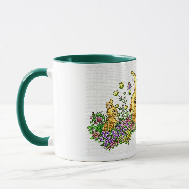 Springtime Bunnies in a Field of Flowers  Mug (Left)