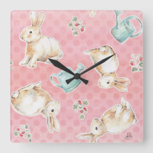 Springtime Bunnies Pattern Square Wall Clock
