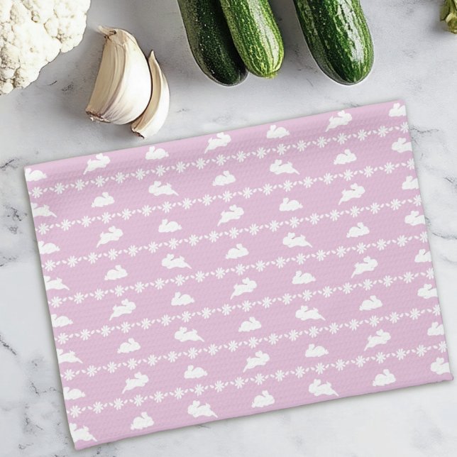 Springtime Bunny Daisies Cute Pattern White Pink Kitchen Towel (Creator Uploaded)