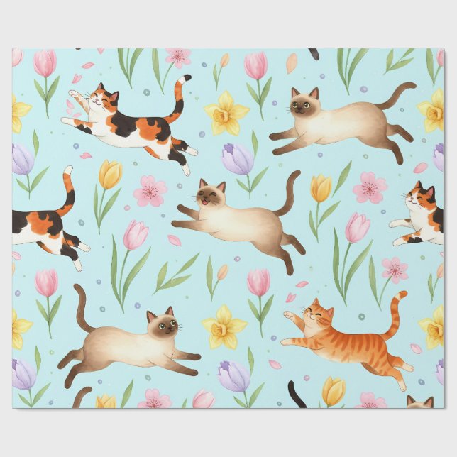 Springtime Cat Parade – Leaping Felines & Blossoms Wrapping Paper (Flat)