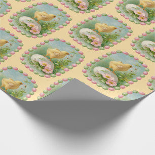 Springtime Chick with Pastel Egg Border Wrapping Paper