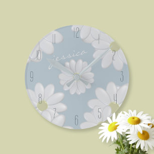 Springtime Daisies Blue Modern Floral Daisy Clock