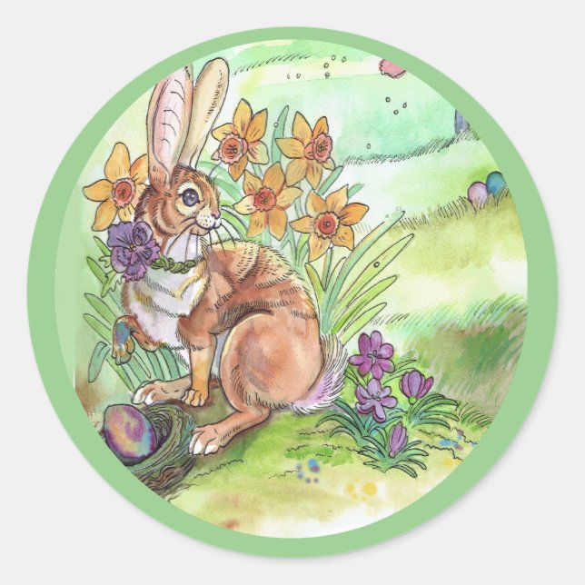 Springtime Easter Bunny Classic Round Sticker (Front)