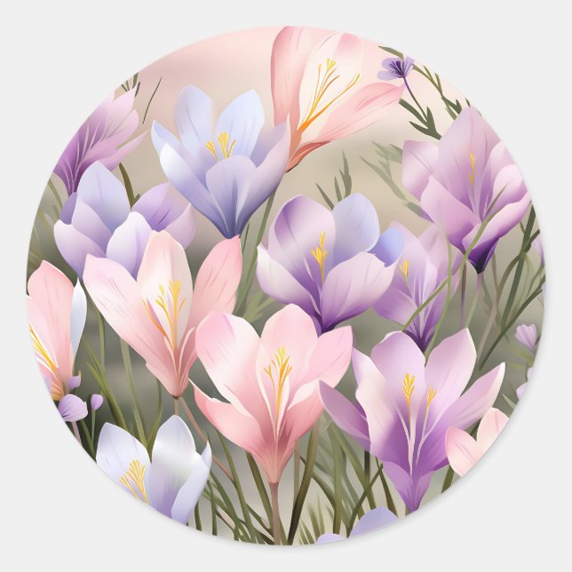 Springtime Floral Crocus Fields Classic Round Sticker (Front)