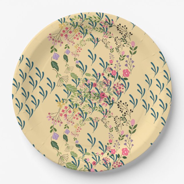 Springtime Floral + Leaf Design Yellow Party  Paper Plate (Front)