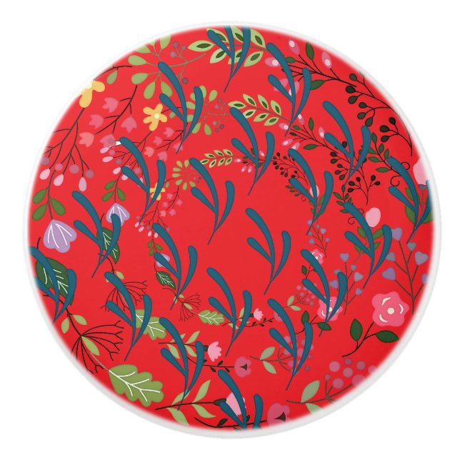 Springtime Floral Ring + Leaf Red Drawer Pull (Front)