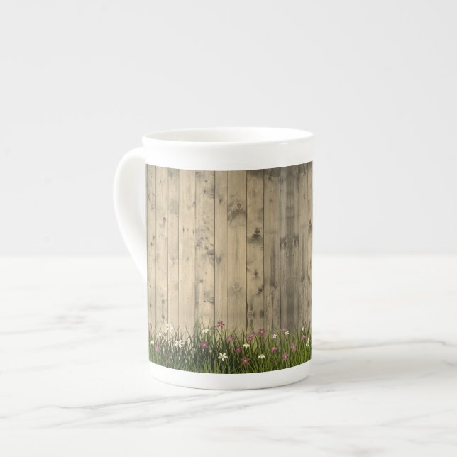 Springtime Flowers on Wood Bone China Mug (Front Left)
