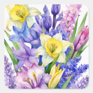 Springtime Flowers Tulips Daffodils Watercolor Square Sticker
