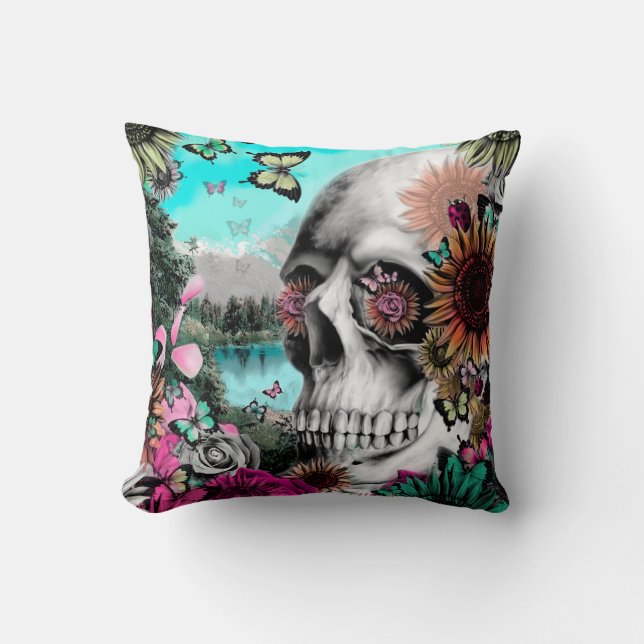Springtime Landscape Skull with butterflies Throw Pillow (Front)