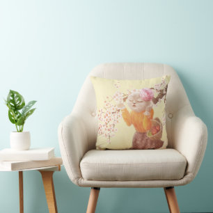 Springtime Melody: Miss Meow Singing Under Sakura Throw Pillow