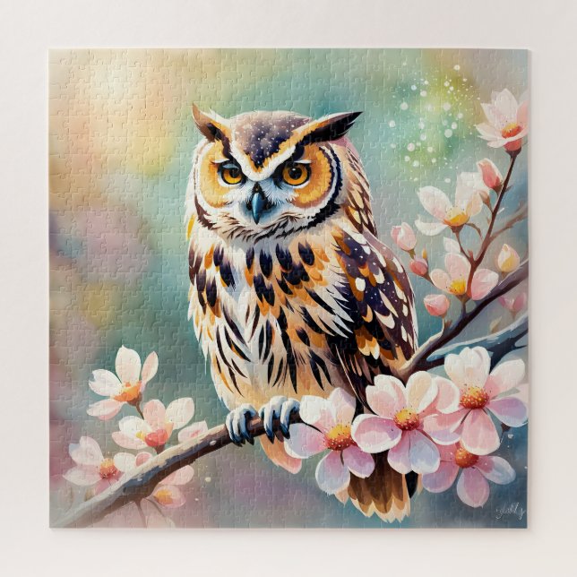 Springtime Owl, pink blossoms Jigsaw Puzzle (Vertical)