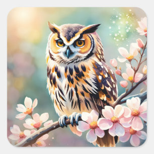 Springtime Owl, pink blossoms Square Sticker