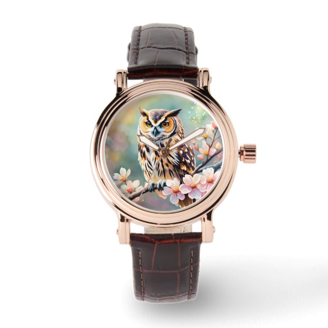 Springtime Owl, pink blossoms Watch (Front)