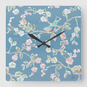 Springtime Pattern - Birds & Flowers Square Wall Clock