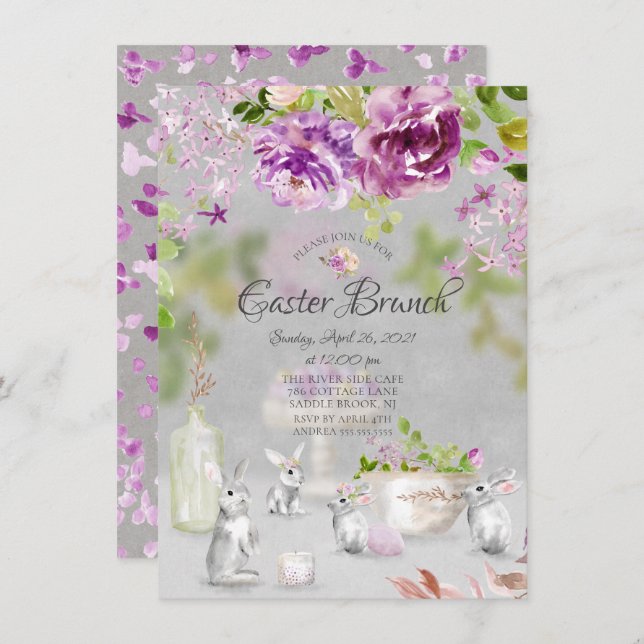 Springtime Peonies Bunny Floral Easter Brunch Invitation (Front/Back)