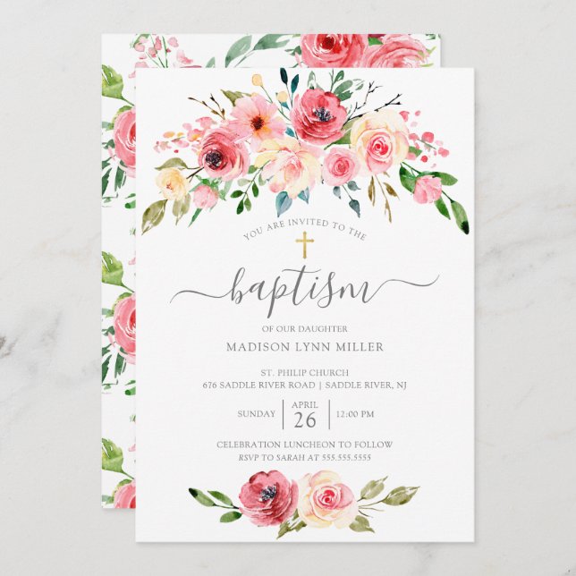 Springtime Peonies Rose Floral Baptism Invitation (Front/Back)