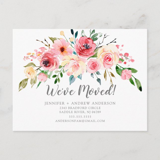 Springtime Peonies Rose Floral Moving Announcement (Front)